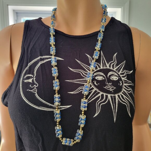 Vintage Blue Clear Plastic Bead Necklace Long Brass Spacers 32in Retro Mod Style - Picture 6 of 6